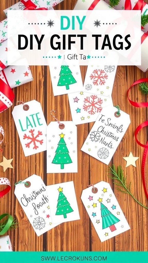 DIY Christmas Doodles Gift Tags Colorful DIY Christmas gift tags with doodles on a wooden table.